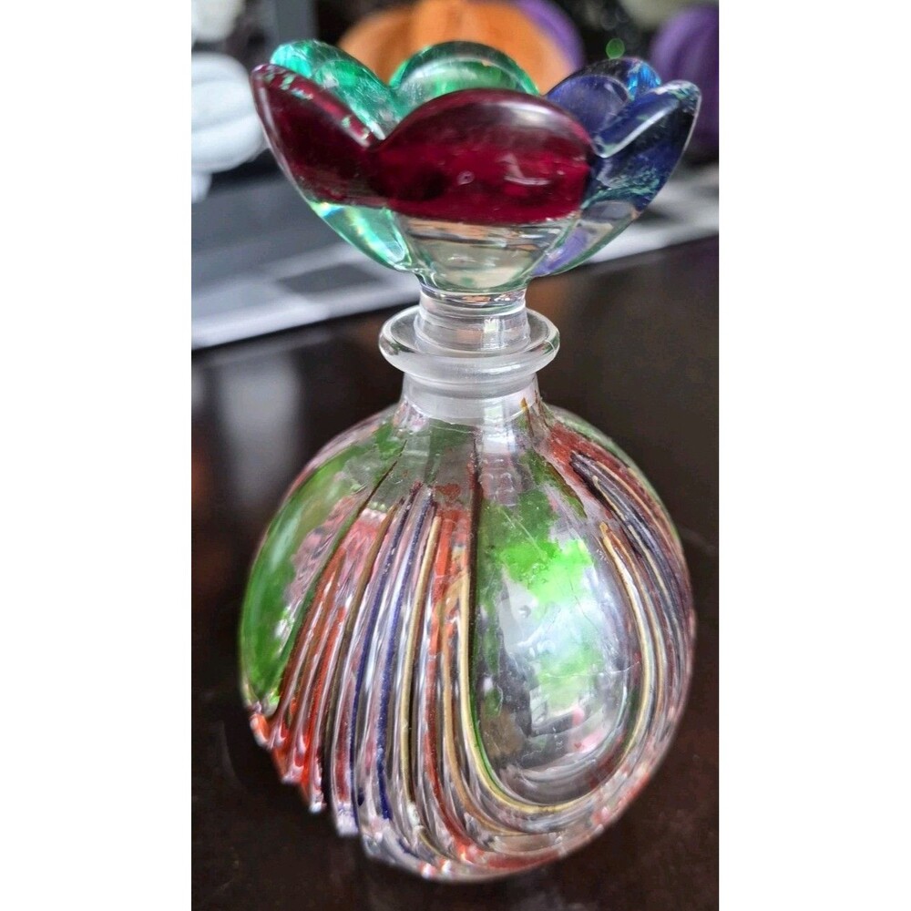 Vintage Royal Crystal Rock Painted Crystal Perfume Bottle Swirl Ribbed Art Deco